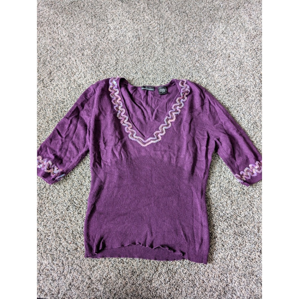 Moda International‎ Purple Silk Cashmere Sequin V-Neck Y2K Sweater M